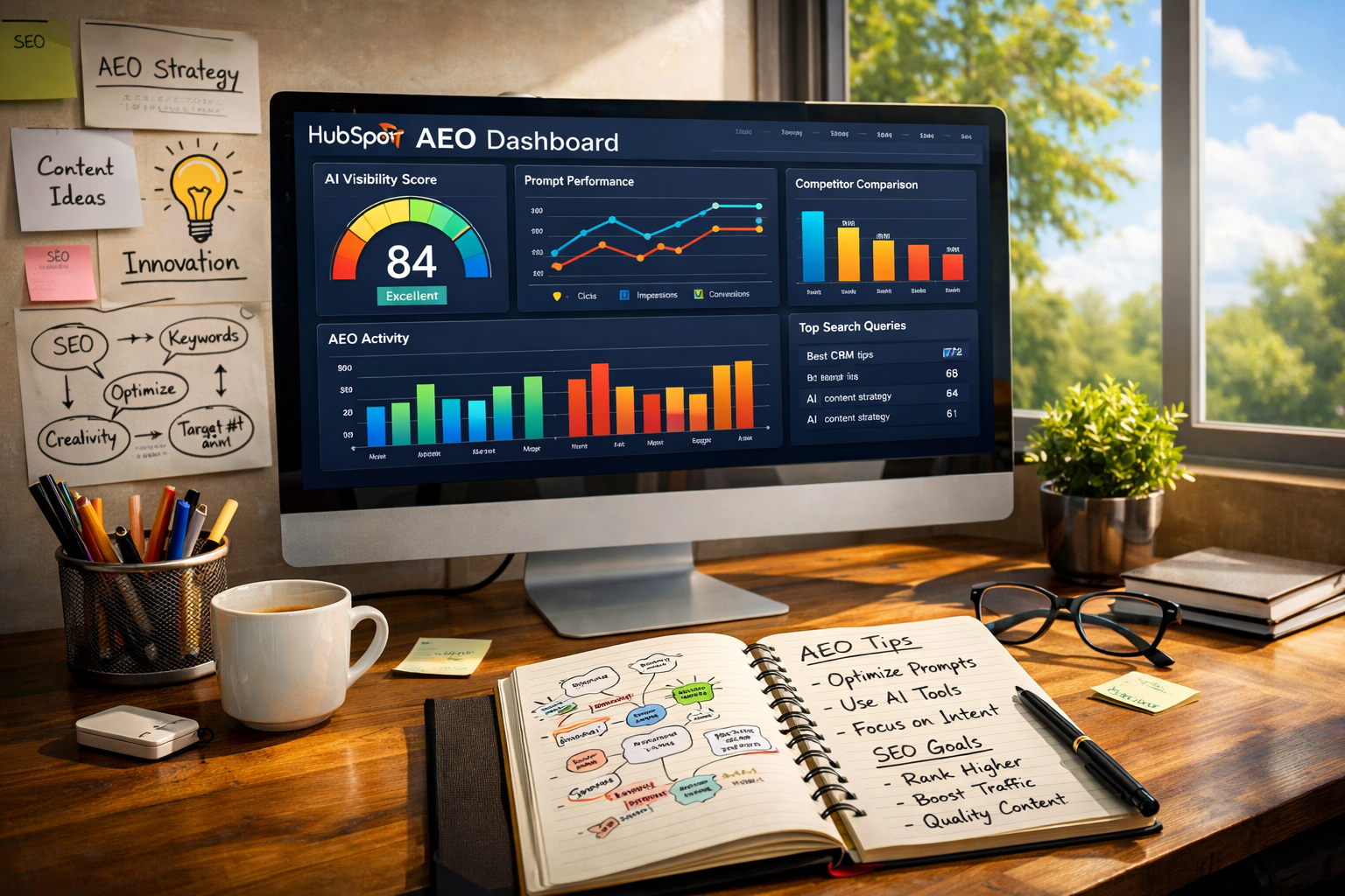 Digital Workspace with HubSpot AEO Dashboard and Nature Elements-1