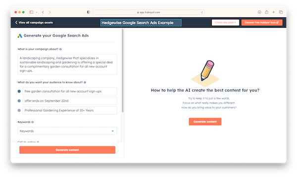 Using HubSpot's Campaign Assistant to Create Google Search Ads