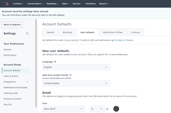 HubSpot Account Default Settings